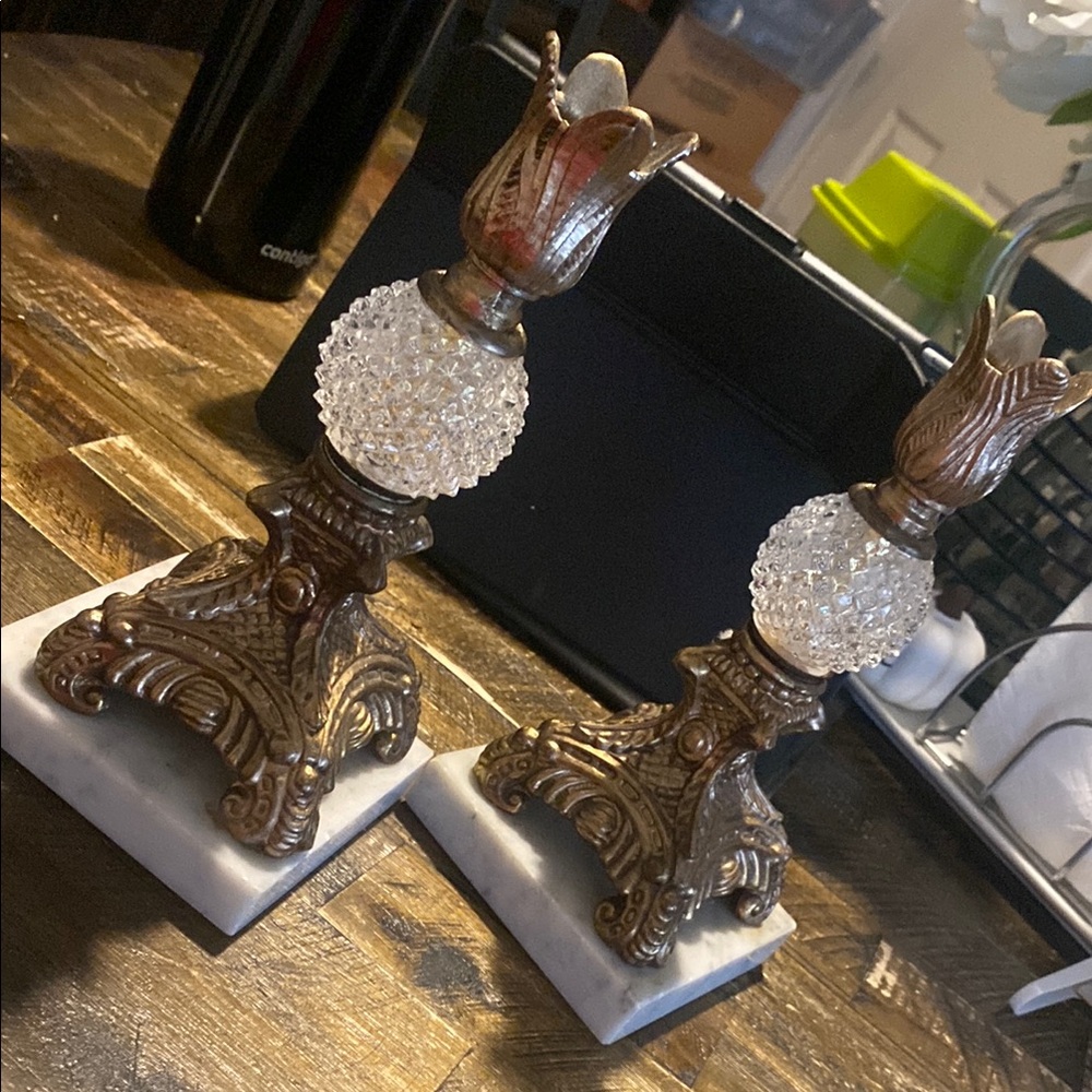 Vintage Ornate Brass and Crystal Candle Holders